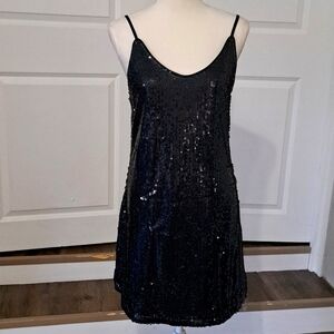 Allegra K Black Sequin Spaghetti Strap V Neck Sparkly Mini Dress Medium NWT